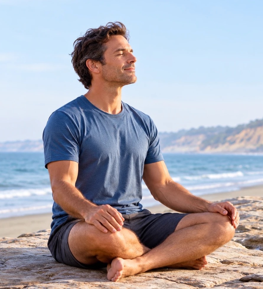 A man sitting cross-legged on a rock by the ocean, eyes closed, breathing deeply in the sun