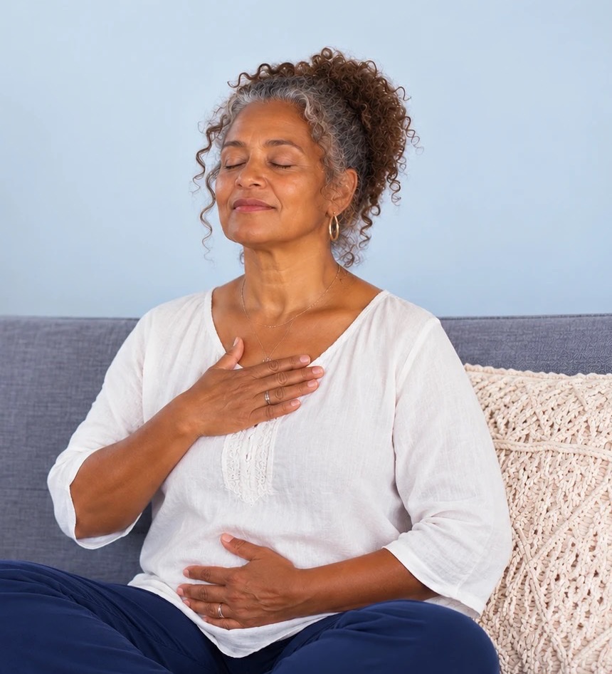 A woman sitting on a sofa with her eyes closed, one hand on her heart and one on her belly, breathing calmly