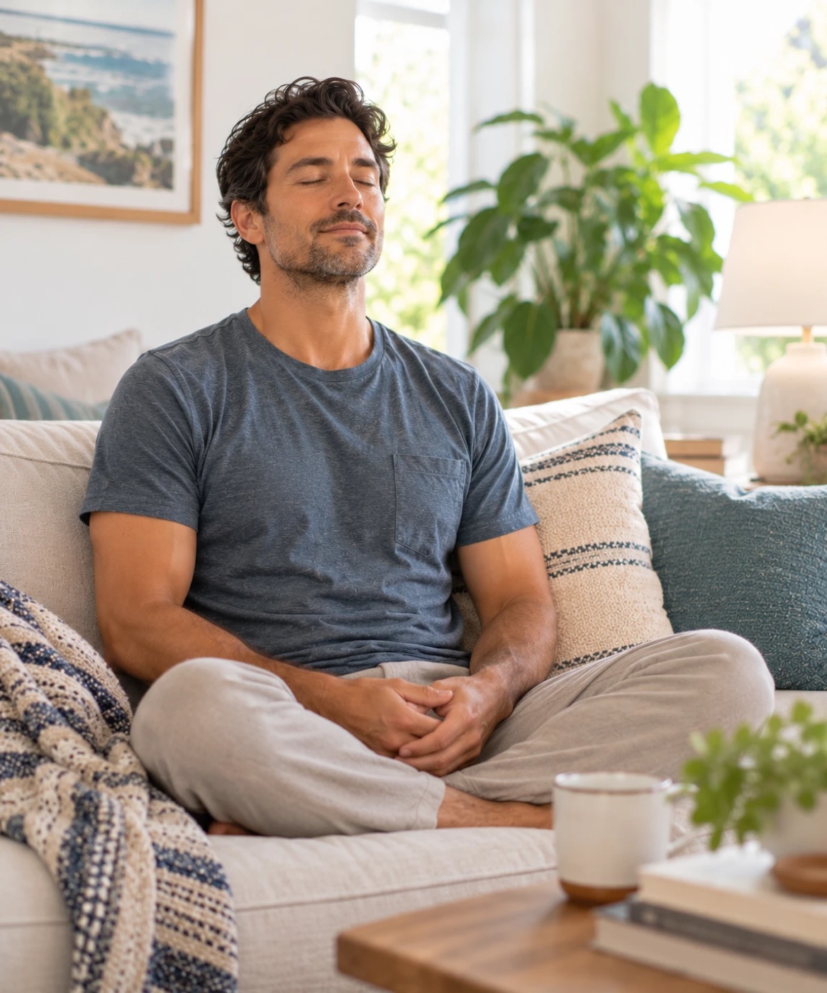A man sitting cross-legged on his sofa at home, eyes closed, breathing calmly