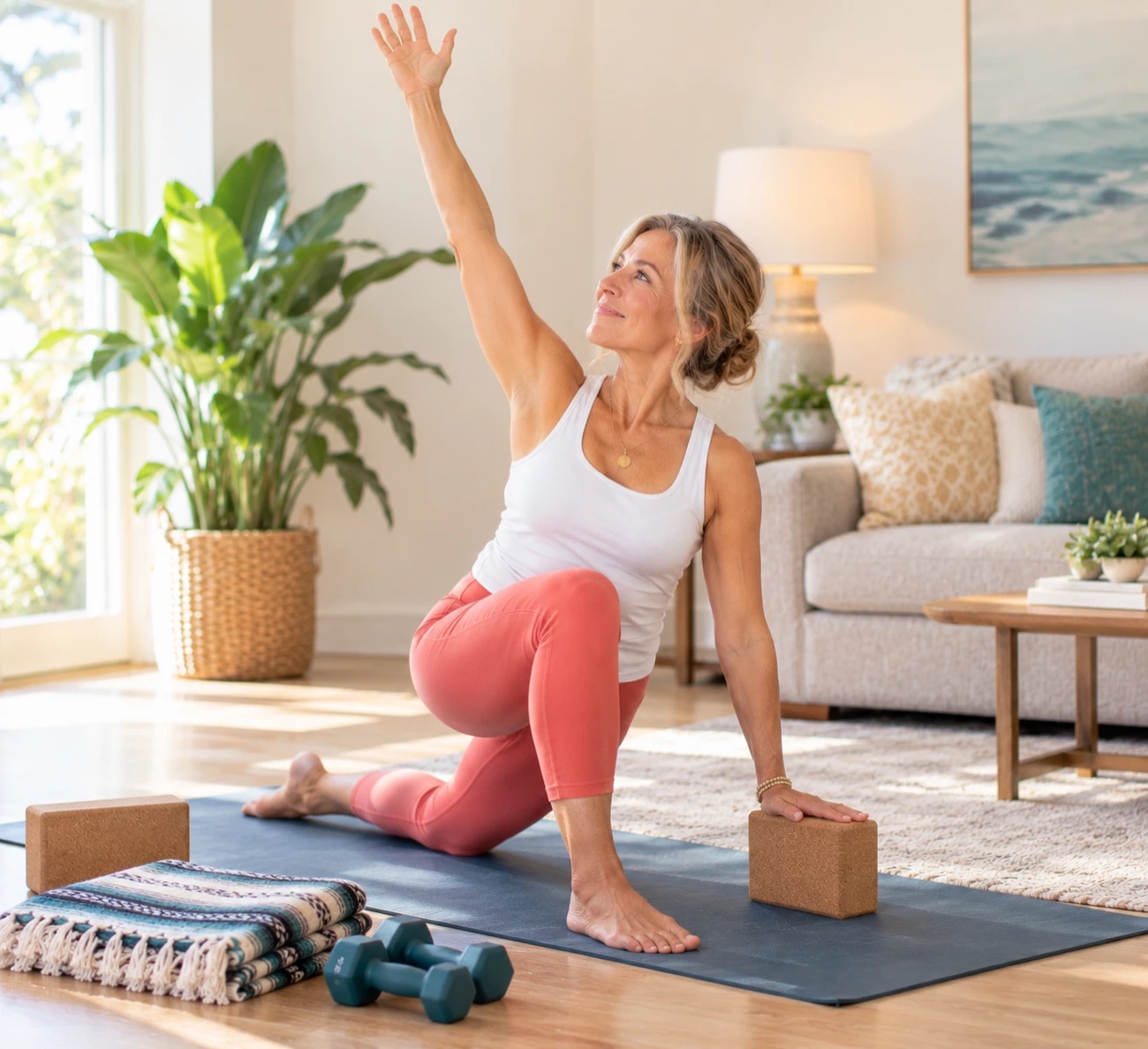 A woman in a lunge twist on her yoga mat at home, with blocks, a blanket and hand weights beside her